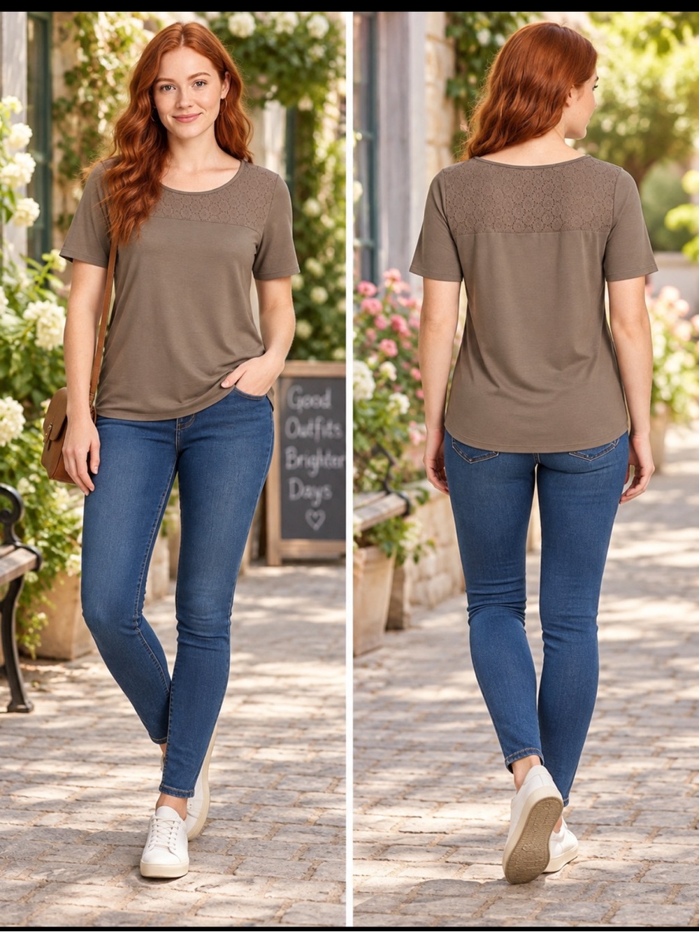 GAP Short-Sleeve Lace Yoke Top in Olive Taupe